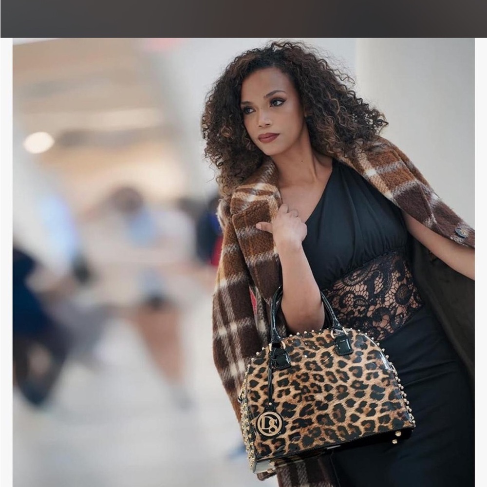 Leopard Print Dome Satchel Handbag - Black & Brown